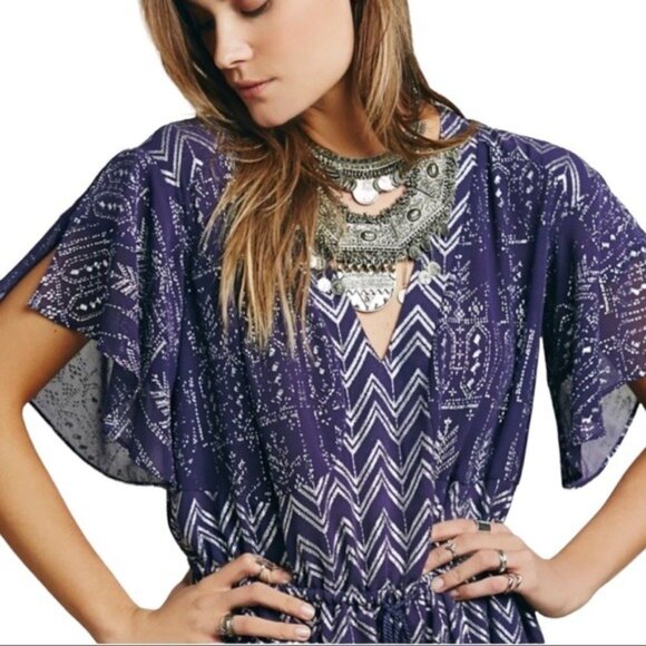 Free People Printed V-Neck Kimono Sleeve Elastic Waist Mini Dress Size S - Picture 6 of 7